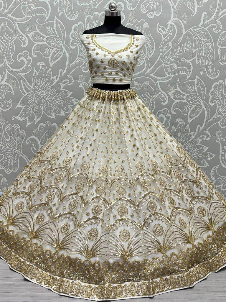 Splendid Ivory Cut-dana Embroiderey Net Reception Wear Lehenga Choli