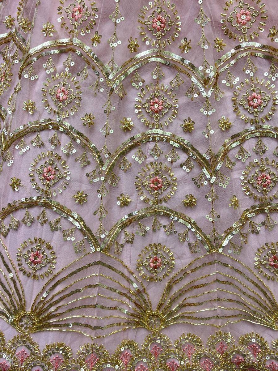 Pink ethnic fabric with gold sequin embroidery and floral motifs for designer lehenga or saree