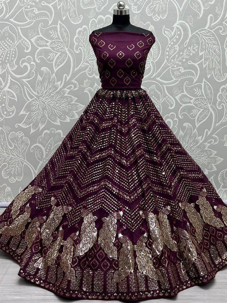 Sumptuous Wine Sequined Embroidery Party Wear Lehenga Choli