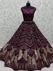 Sumptuous Wine Sequined Embroidery Party Wear Lehenga Choli