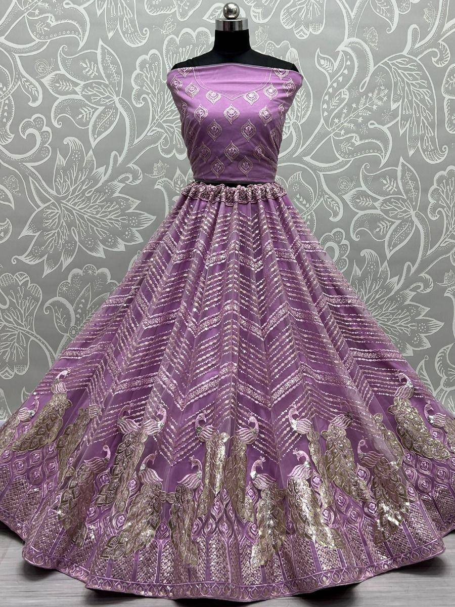 Lavender designer lehenga choli with peacock embroidery and sequin work, ethnic Indian wear