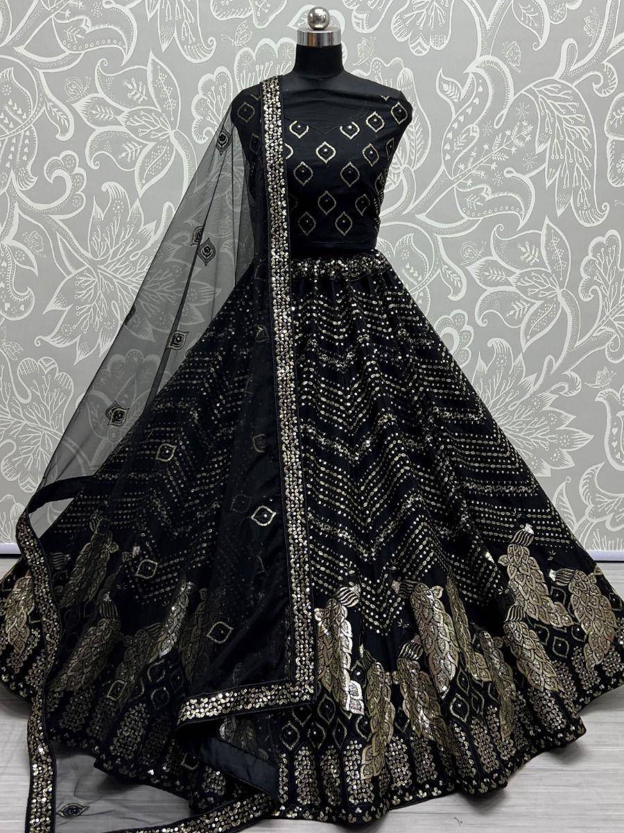 Black and gold embroidered lehenga choli with sheer dupatta, ethnic Indian wear for weddings and parties