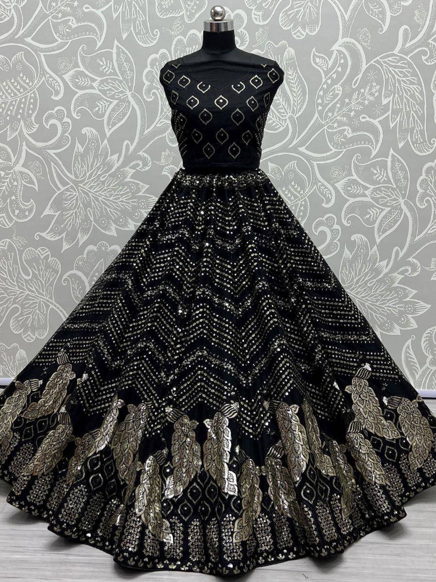 Black and gold embroidered lehenga choli with sequin work, perfect for Indian ethnic occasions