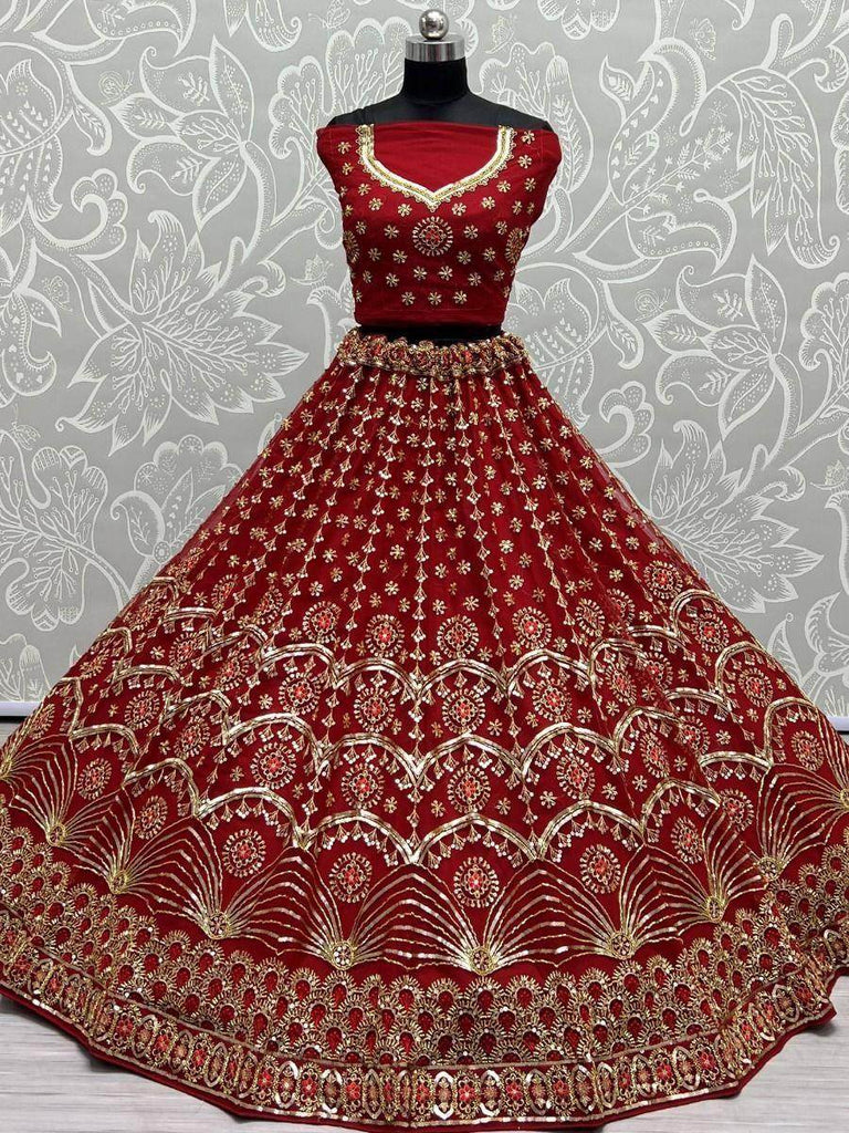 Superb Red Sequines Embroidered Net Bridal Wear Lehenga Choli