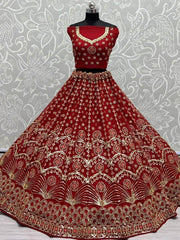 Superb Red Sequines Embroidered Net Bridal Wear Lehenga Choli