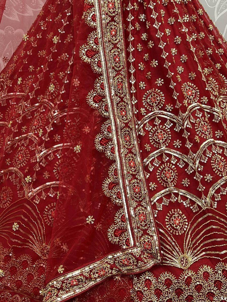 Superb Red Sequines Embroidered Net Bridal Wear Lehenga Choli