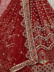 Superb Red Sequines Embroidered Net Bridal Wear Lehenga Choli