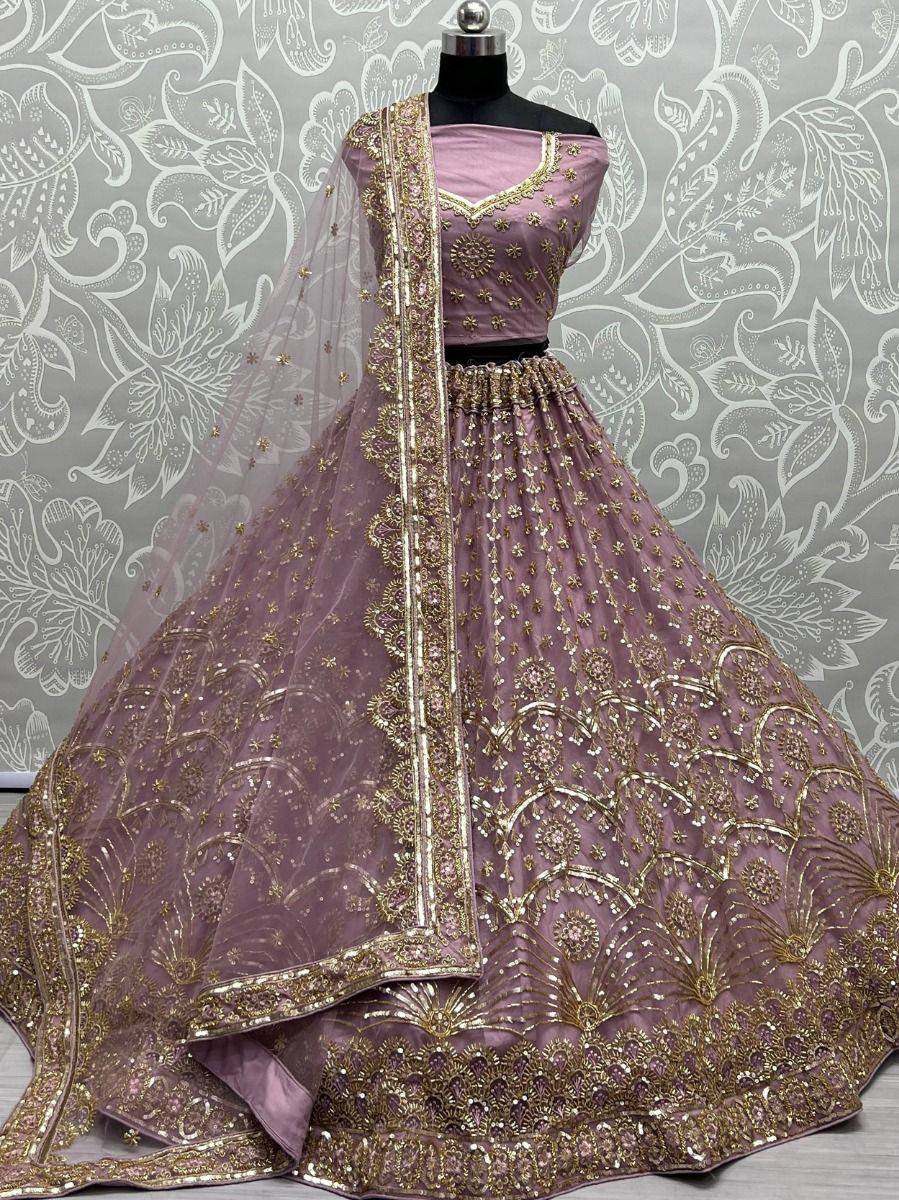 Lavender designer lehenga choli with gold embroidery and net dupatta, ethnic wear for weddings