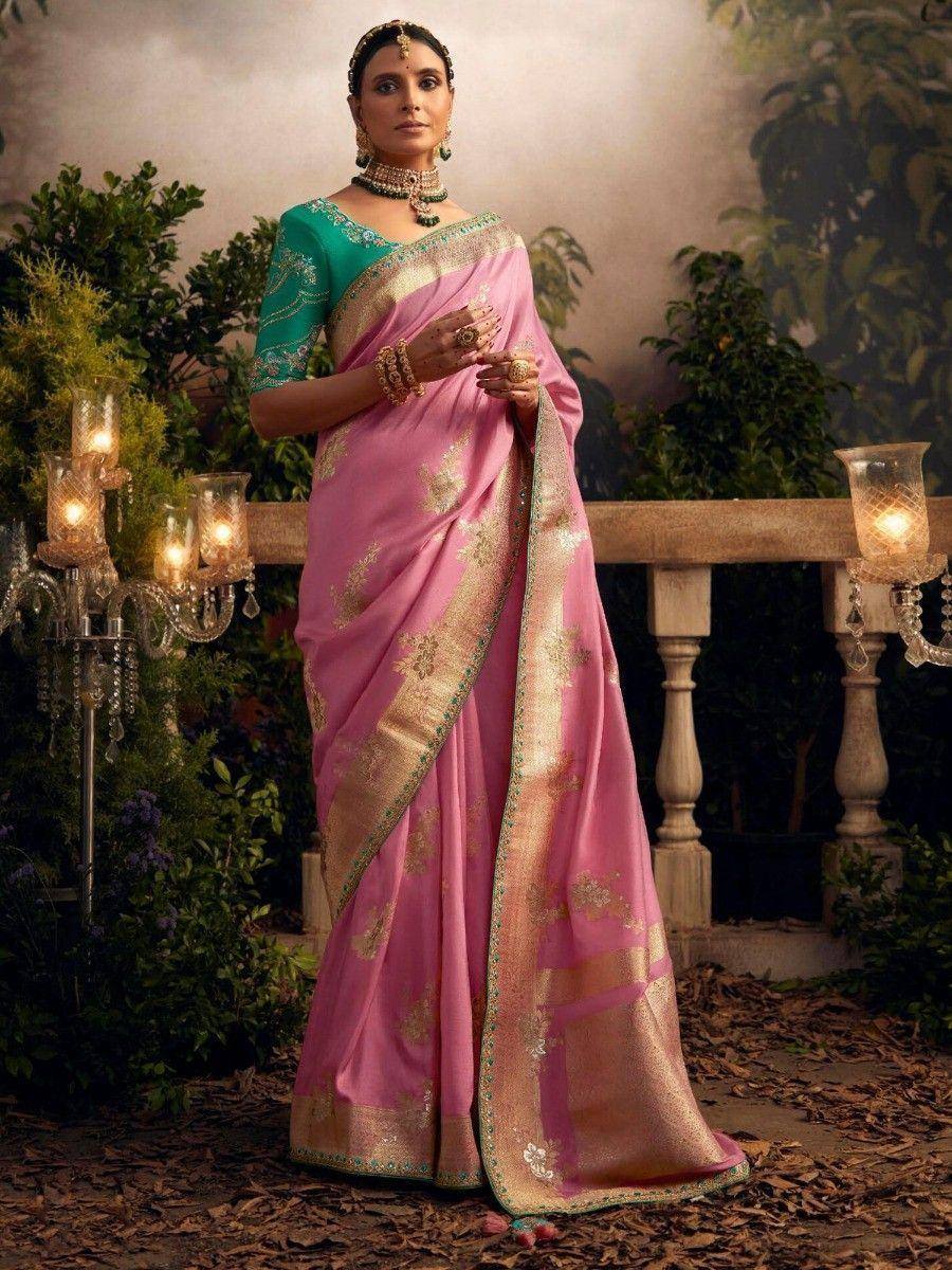 Pink and gold embroidered saree with green blouse, perfect for Indian ethnic occasions