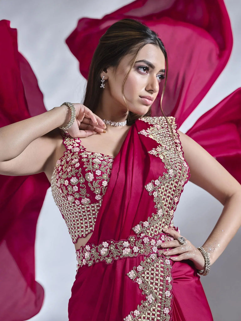 Fabulous Rani Pink Sequins Satin Ready To Wear Saree With Blouse