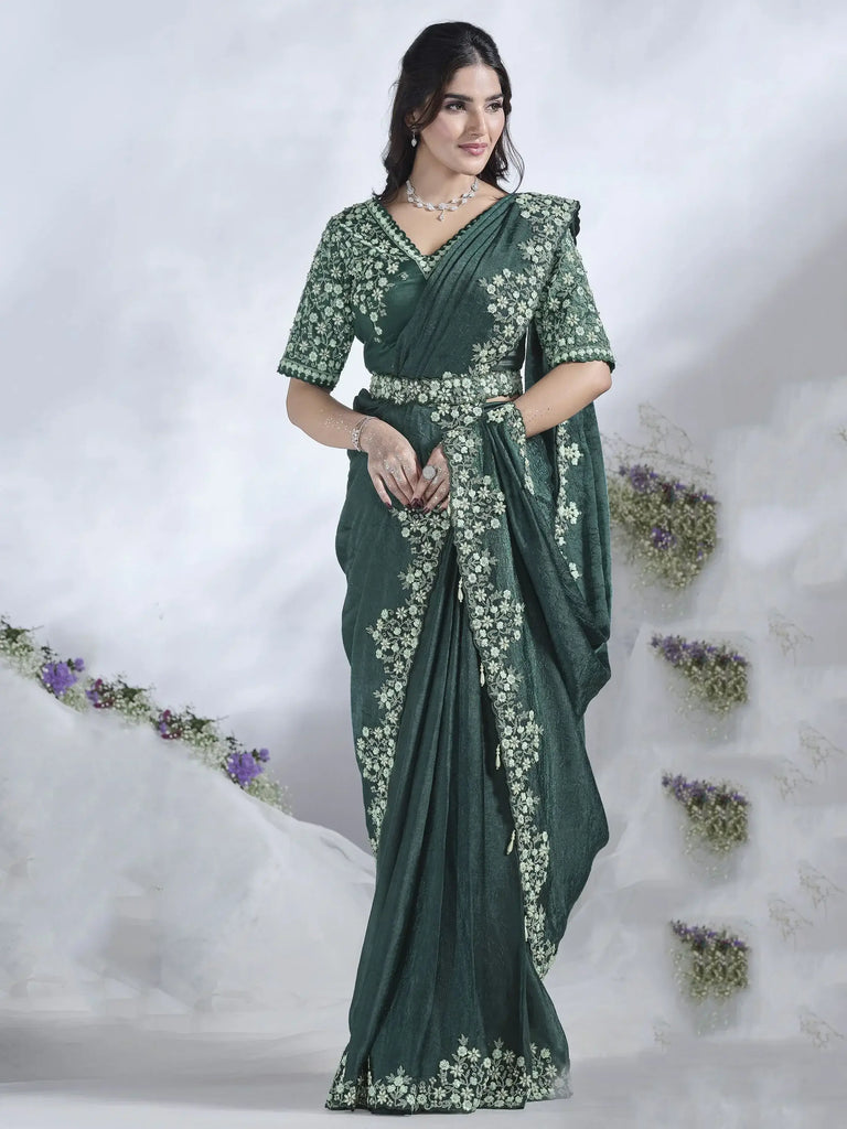 Awesome Green Sequins Satin Ready To Wear Saree With Blouse
