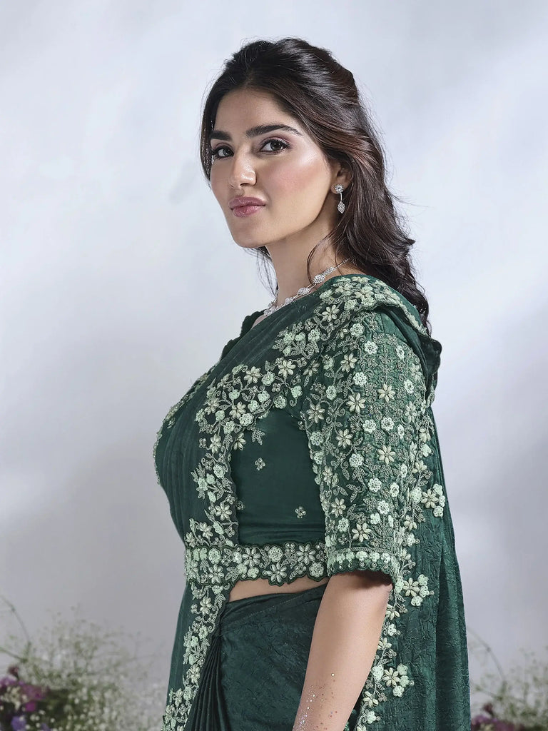 Awesome Green Sequins Satin Ready To Wear Saree With Blouse