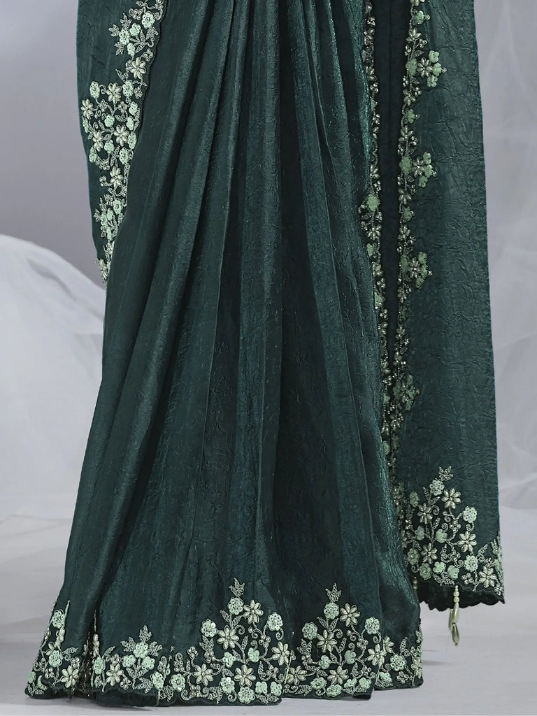 Awesome Green Sequins Satin Ready To Wear Saree With Blouse