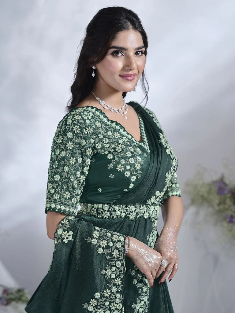 Awesome Green Sequins Satin Ready To Wear Saree With Blouse