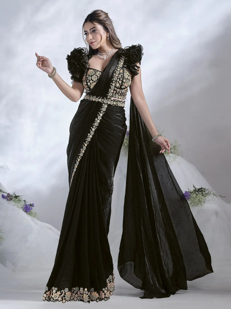 Spectacular Black Sequins Work Satin Ready To Wear Saree With Blouse