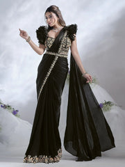 Spectacular Black Sequins Work Satin Ready To Wear Saree With Blouse