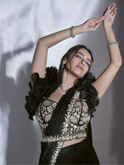 Spectacular Black Sequins Work Satin Ready To Wear Saree With Blouse
