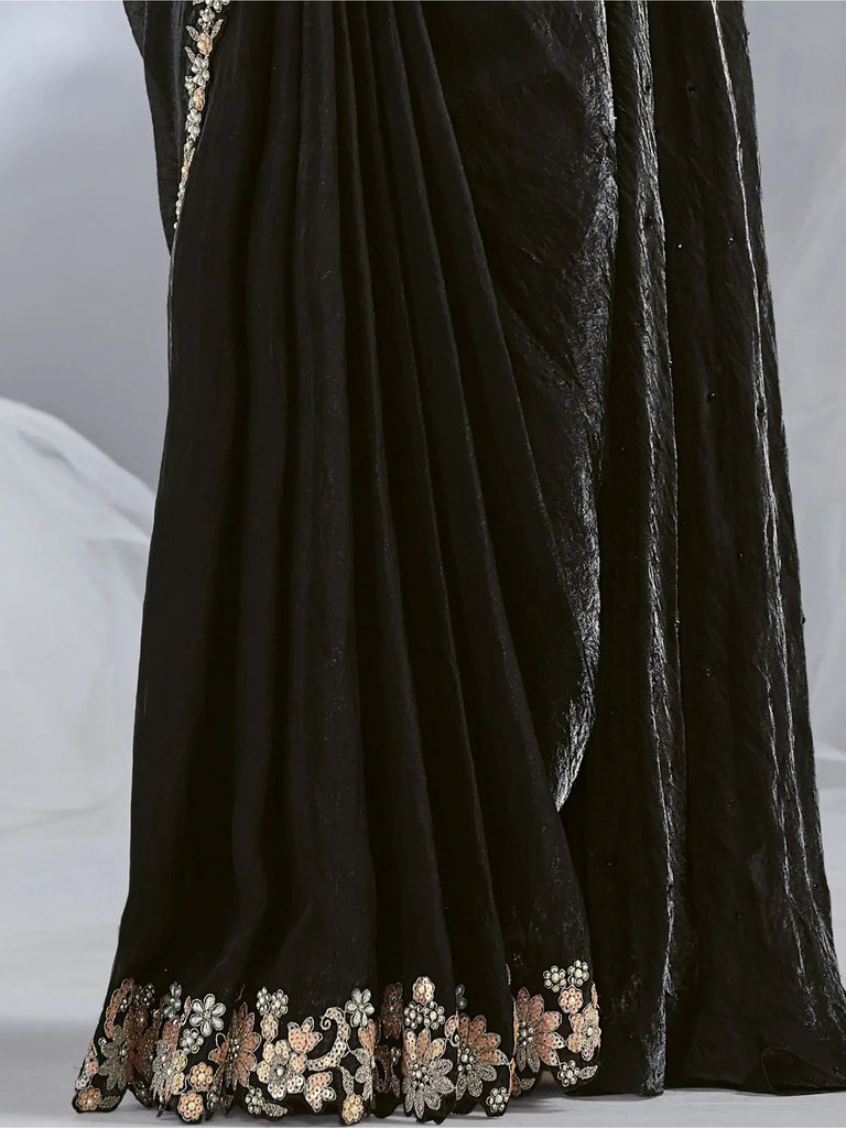Spectacular Black Sequins Work Satin Ready To Wear Saree With Blouse