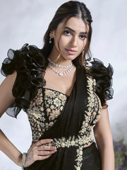 Spectacular Black Sequins Work Satin Ready To Wear Saree With Blouse