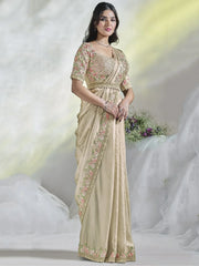 Dazzling Cream Sequins Work Satin Ready To Wear Saree With Blouse
