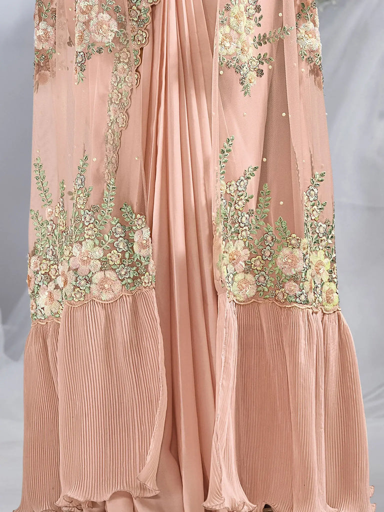 Breathtaking Peach Sequins Work Satin Ready To Wear Saree With Blouse