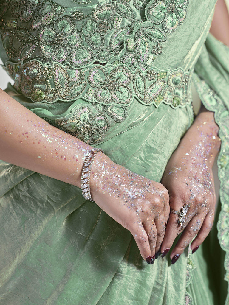 Astonishing Light Green Sequins Satin Ready To Wear Saree With Blouse