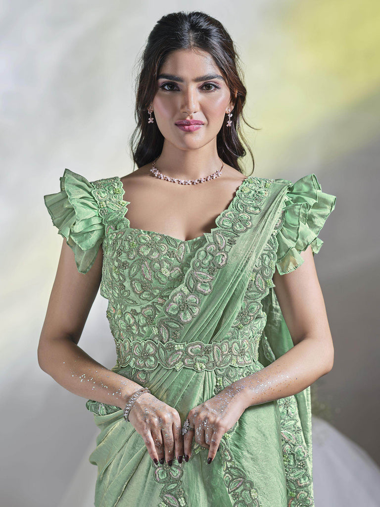 Astonishing Light Green Sequins Satin Ready To Wear Saree With Blouse