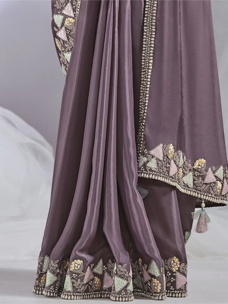 Fantastic Dusty Purple Sequins Satin Ready To Wear Saree With Blouse