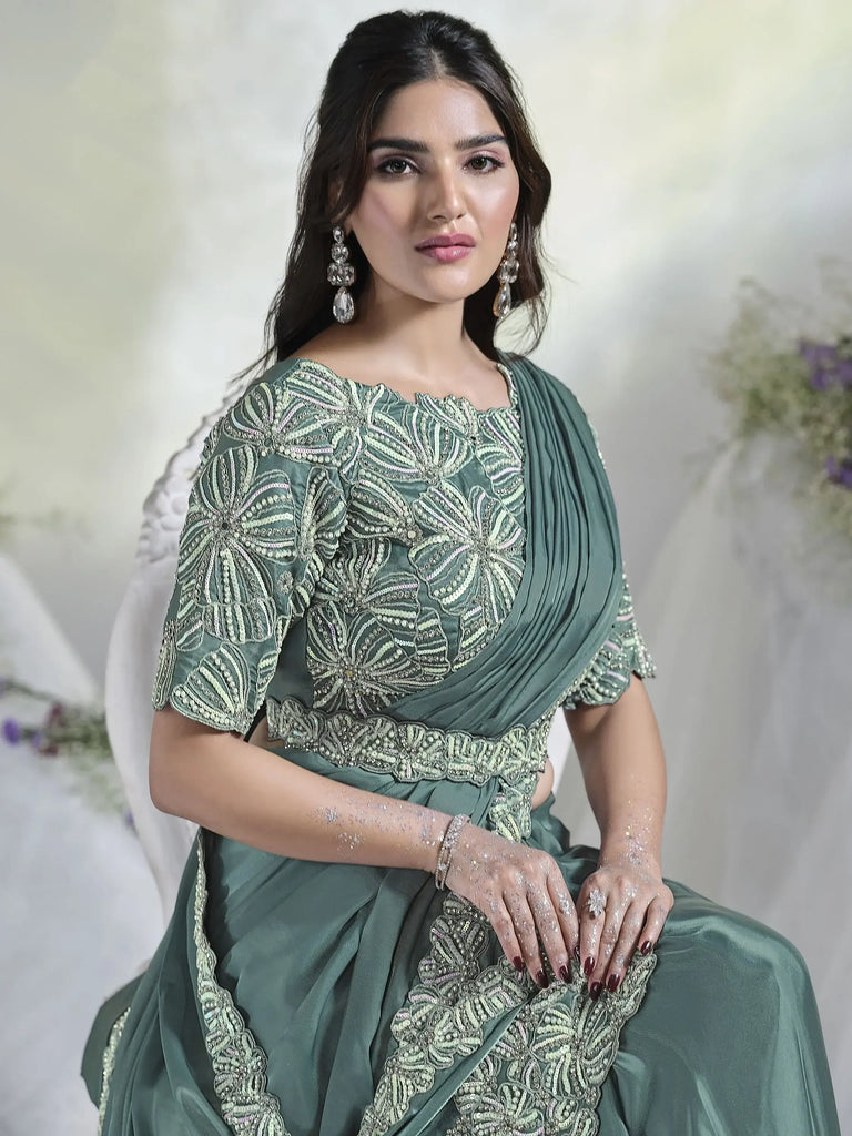 Excellent Sea Green Sequins Satin Ready To Wear Saree With Blouse