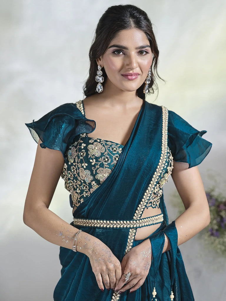 Charming Teal Blue Moti Work Satin Ready To Wear Saree With Blouse