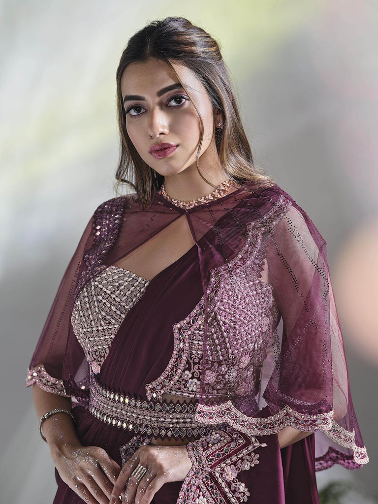 Magnetic Wine Color Mirror Work Satin Ready To Wear Saree With Blouse