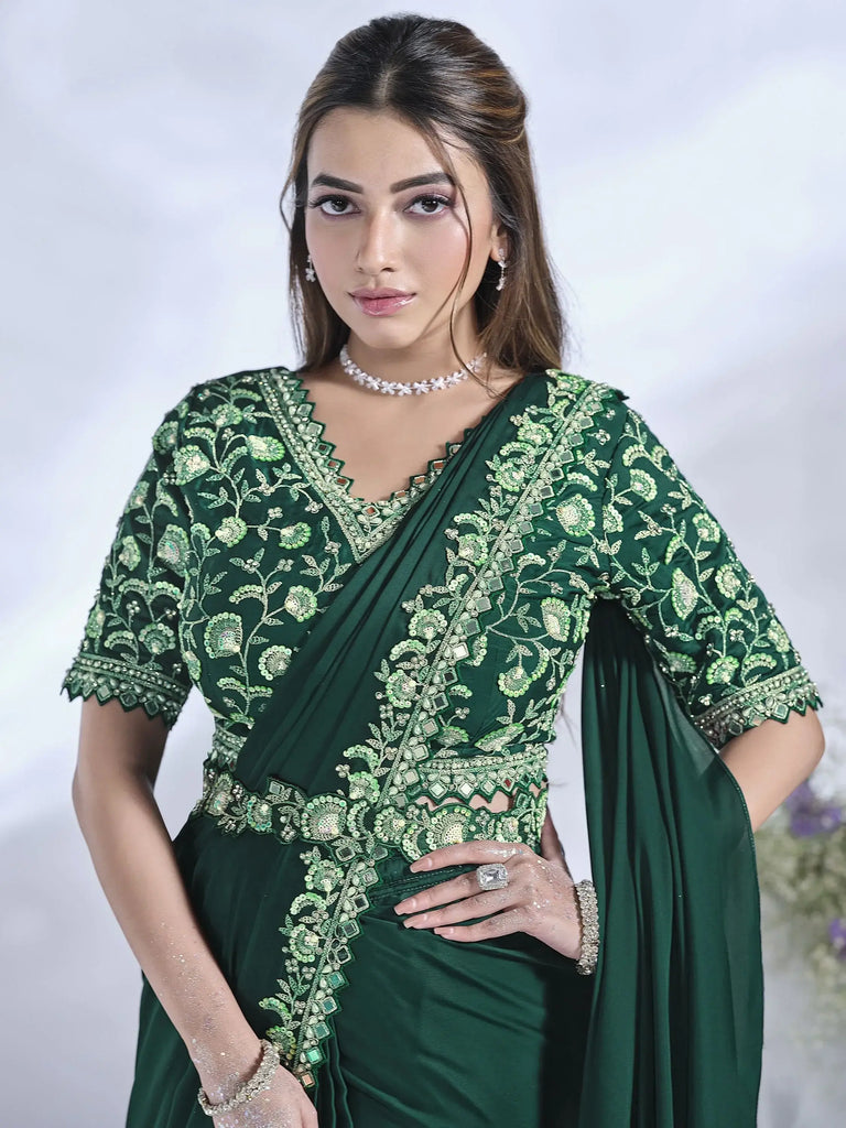 Beautiful Green Mirror Work Satin Ready To Wear Saree With Blouse