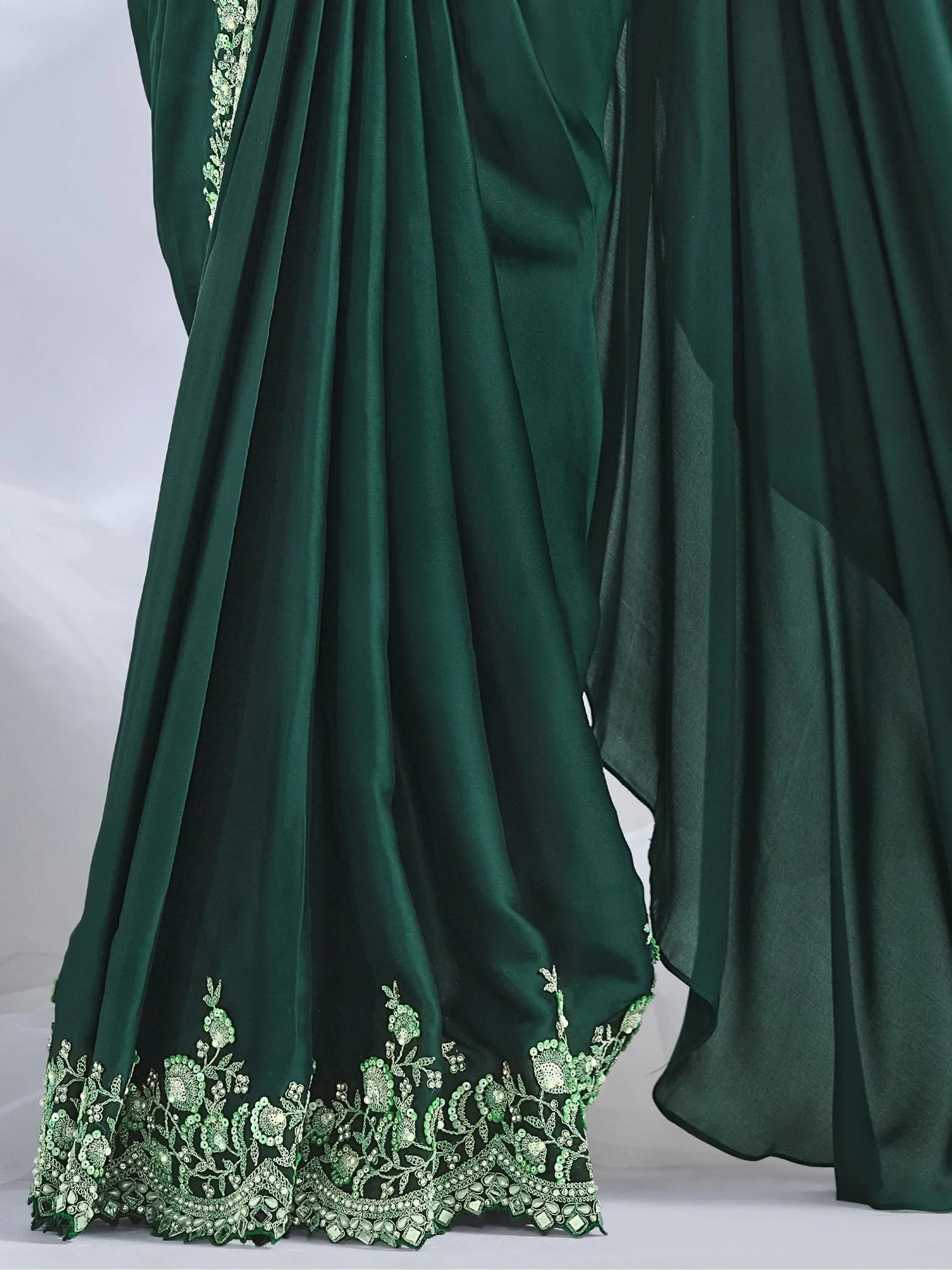 Beautiful Green Mirror Work Satin Ready To Wear Saree With Blouse