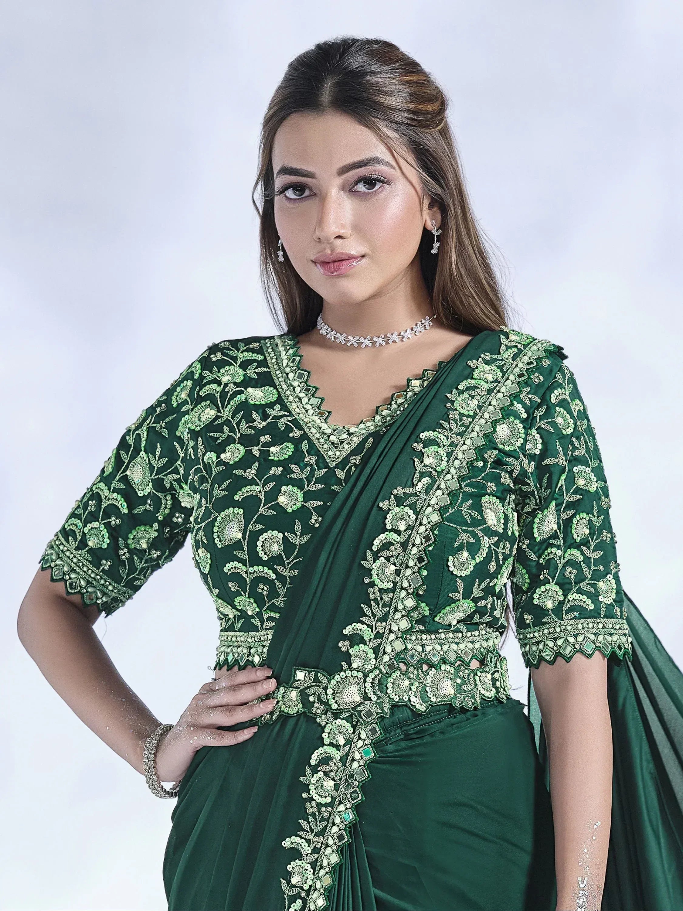 Beautiful Green Mirror Work Satin Ready To Wear Saree With Blouse