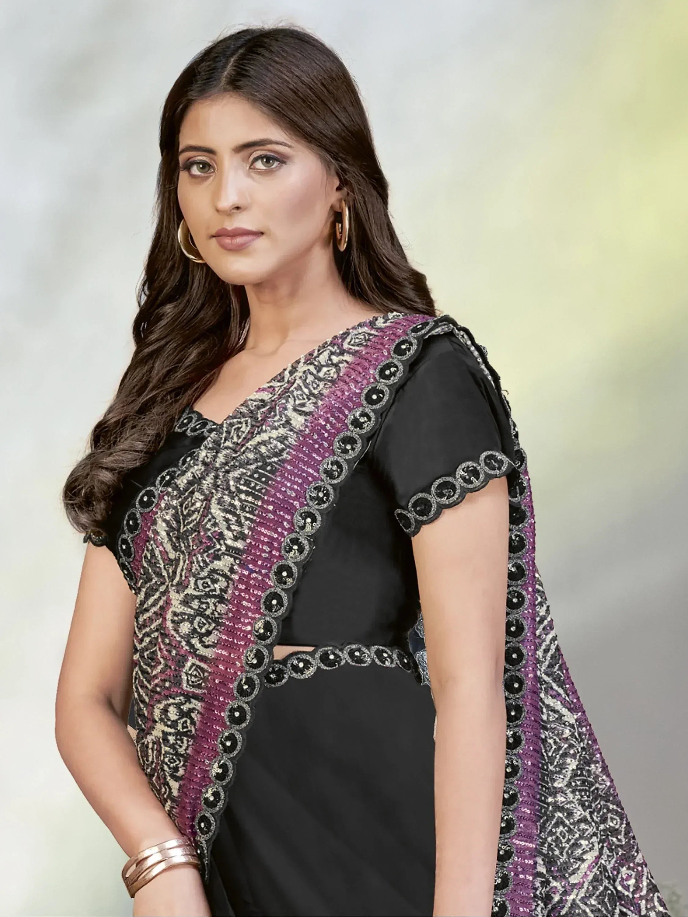 Black and purple embroidered saree with sequin work, Indian ethnic wear for women