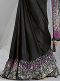 Attractive Black Sequins Work Satin Ready To Wear Saree With Blouse