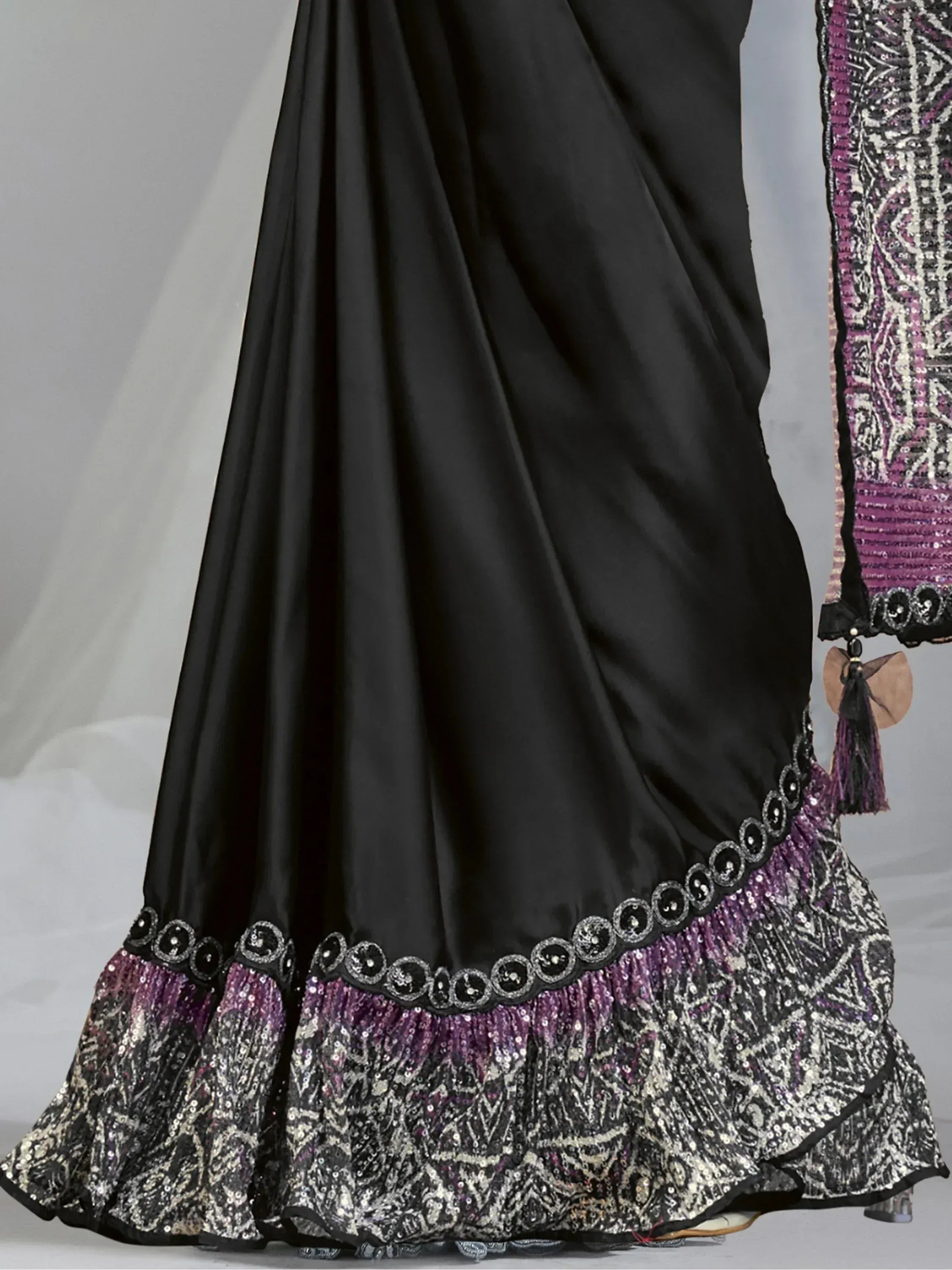 Black designer lehenga with purple sequin border and embroidered dupatta, ethnic wear for women