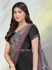 Attractive Black Sequins Work Satin Ready To Wear Saree With Blouse