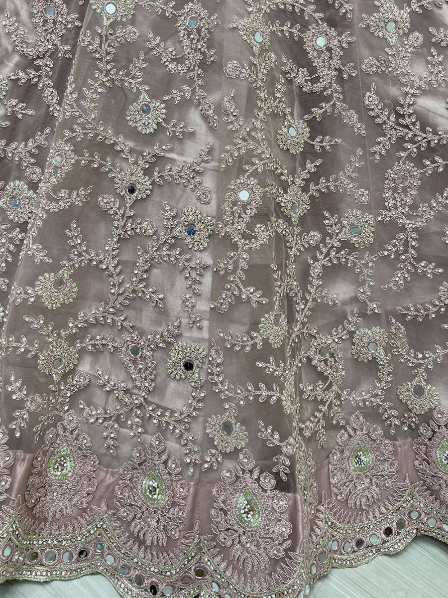 Elegant Indian ethnic wear with intricate floral embroidery and mirror work on sheer fabric