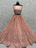 Alluring Peach Dori Embroidery Net Wedding Wear Lehenga Choli