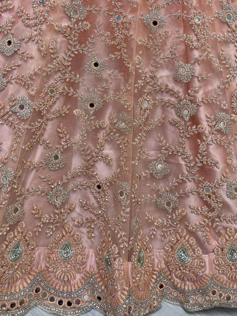 Alluring Peach Dori Embroidery Net Wedding Wear Lehenga Choli