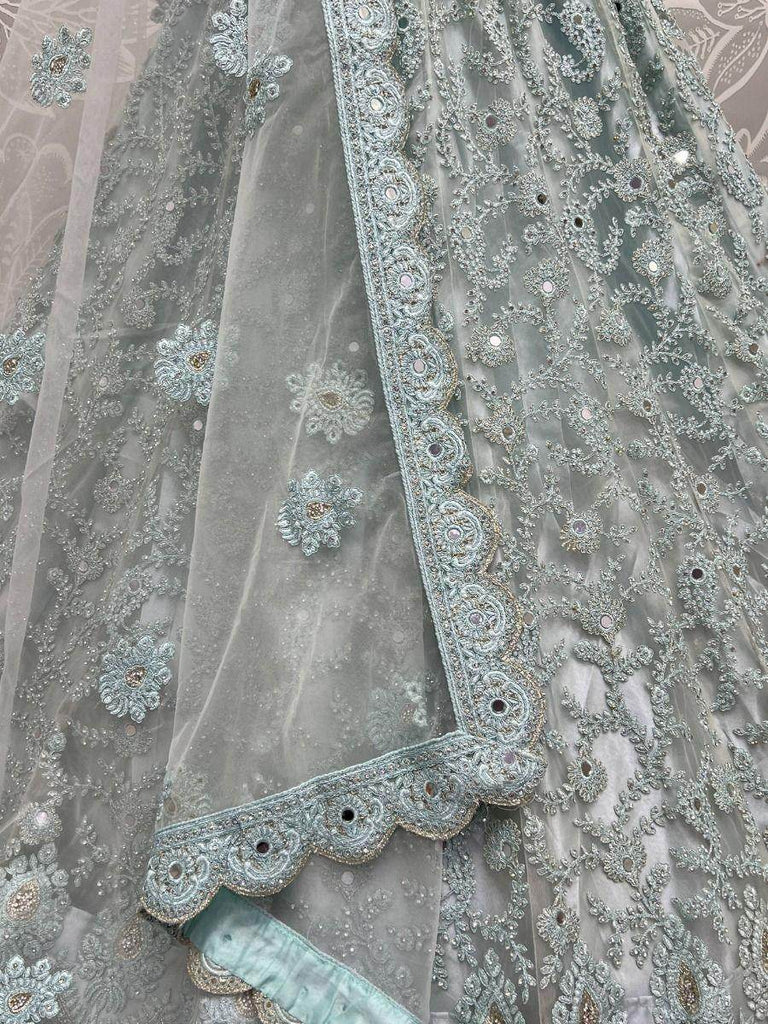 Seductive Ice-Blue Dori Embroidery Net Wedding Wear Lehenga Choli