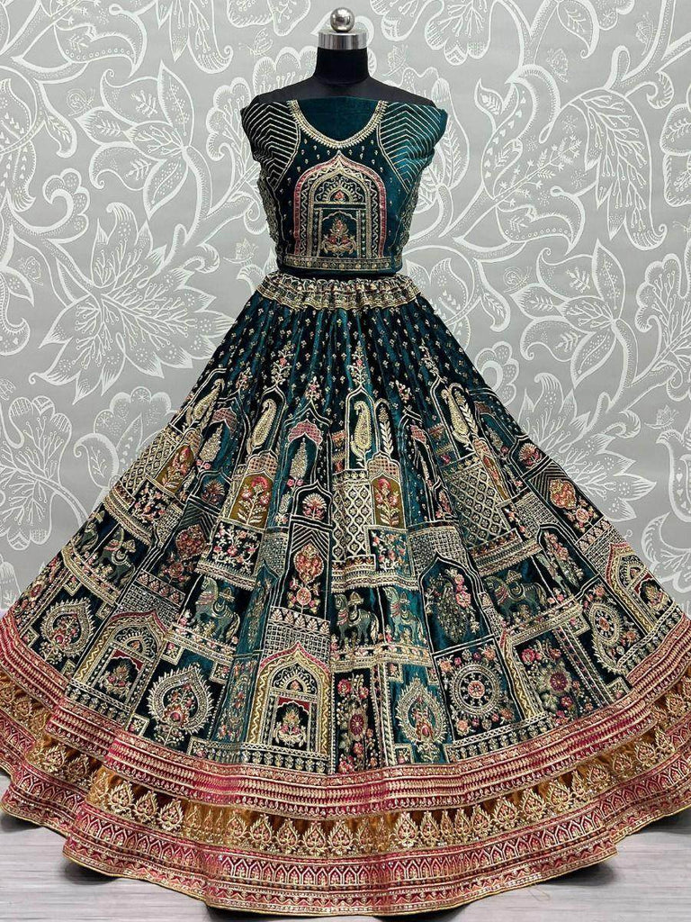 Bodacious Turqouise Zari Embroidery Velvet Bridal Lehenga Choli