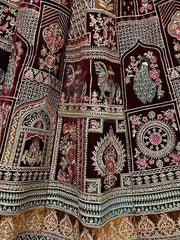 Scrumptious Maroon Zari Embroidery Velvet Bridal Lehenga Choli