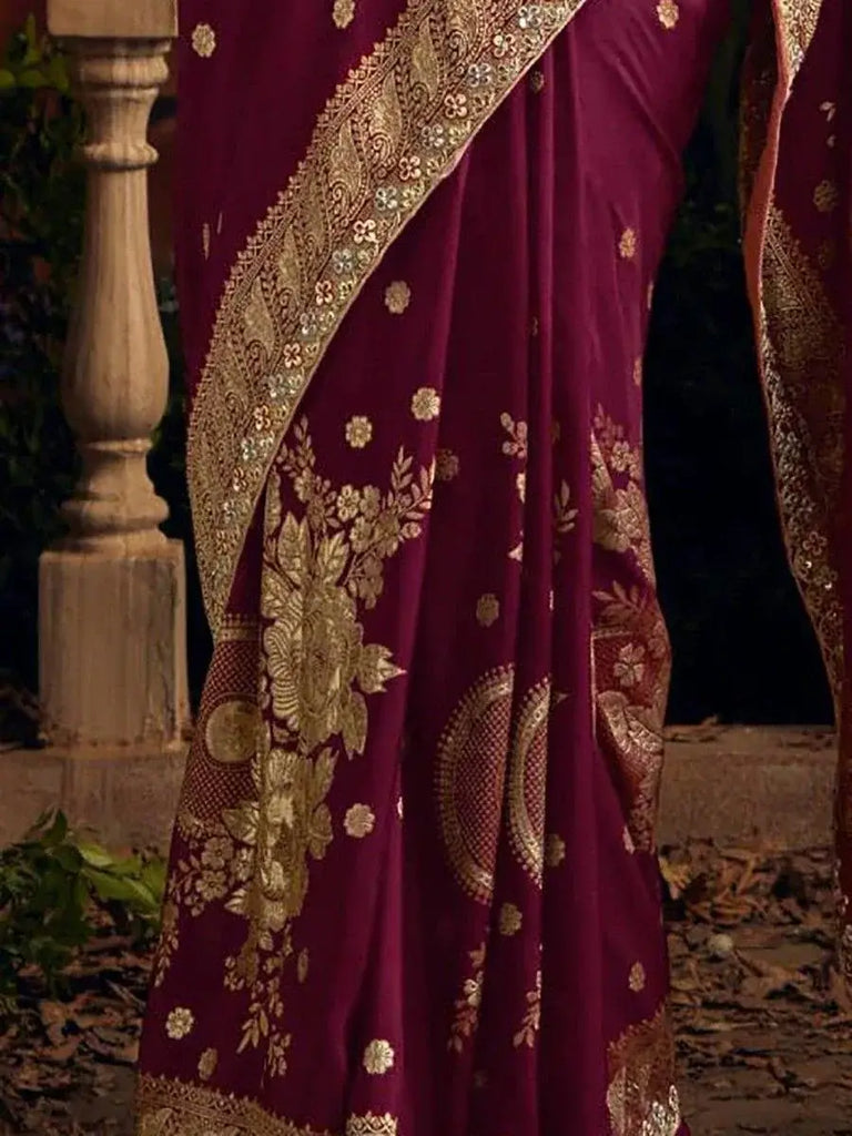 Alluring Wine Zari Weaving Dola Silk Traditional Saree With Blouse