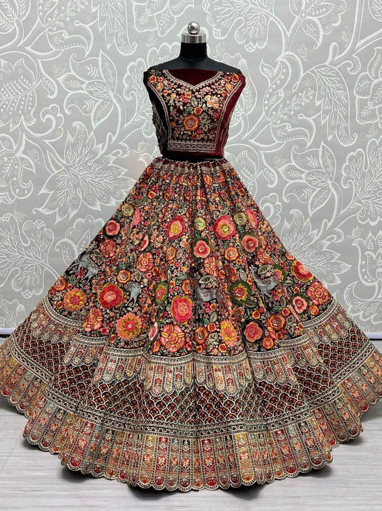 Glorious Maroon Embroidered Velvet Bridal Lehenga Choli