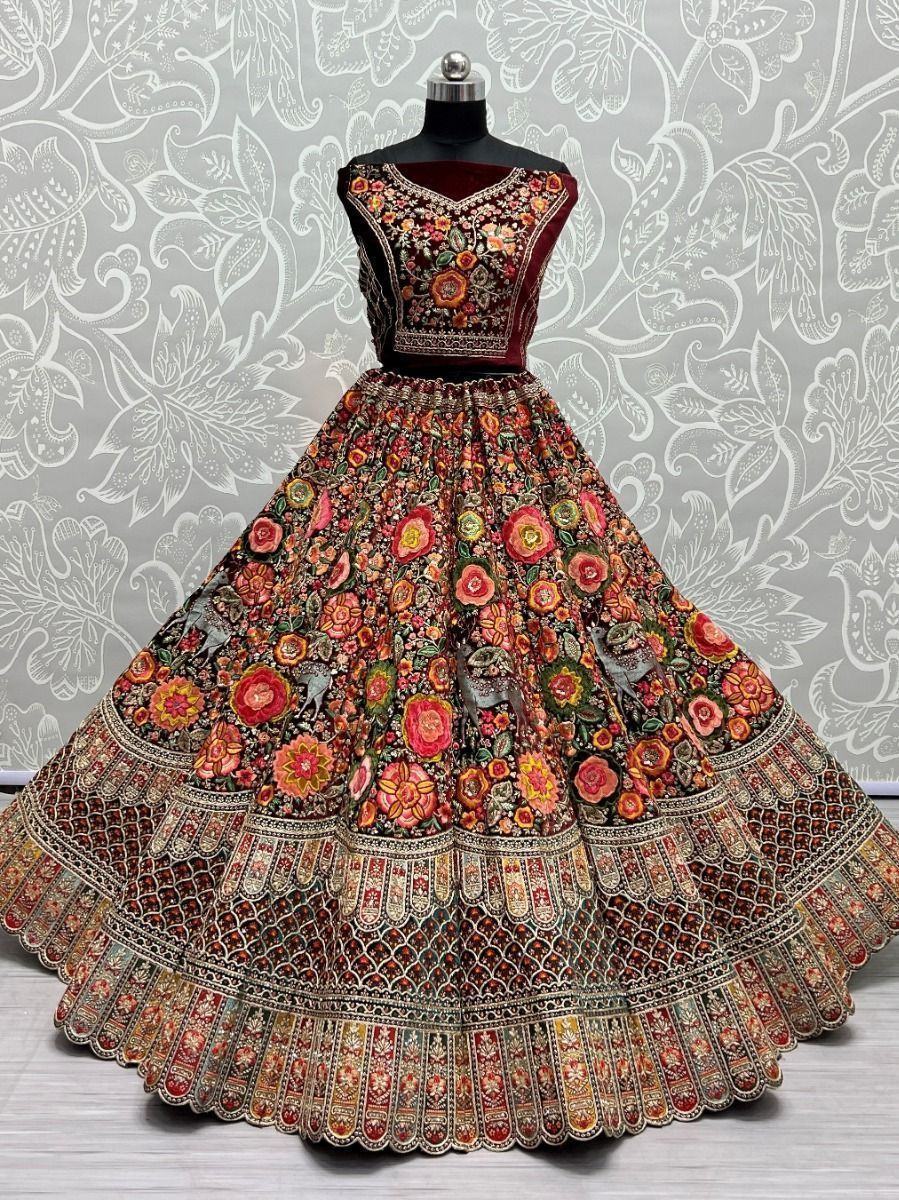 Glorious Maroon Embroidered Velvet Bridal Lehenga Choli