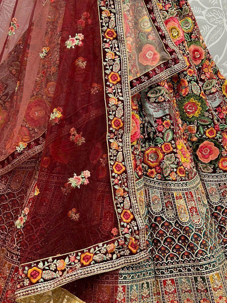 Glorious Maroon Embroidered Velvet Bridal Lehenga Choli
