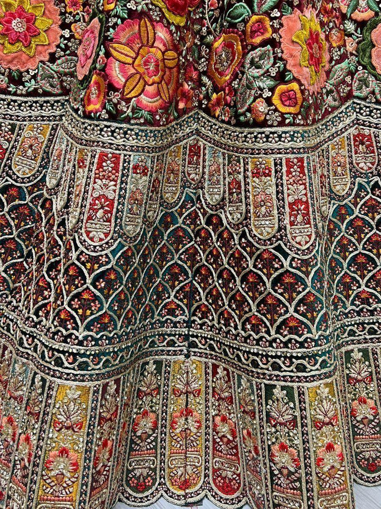 Glorious Maroon Embroidered Velvet Bridal Lehenga Choli