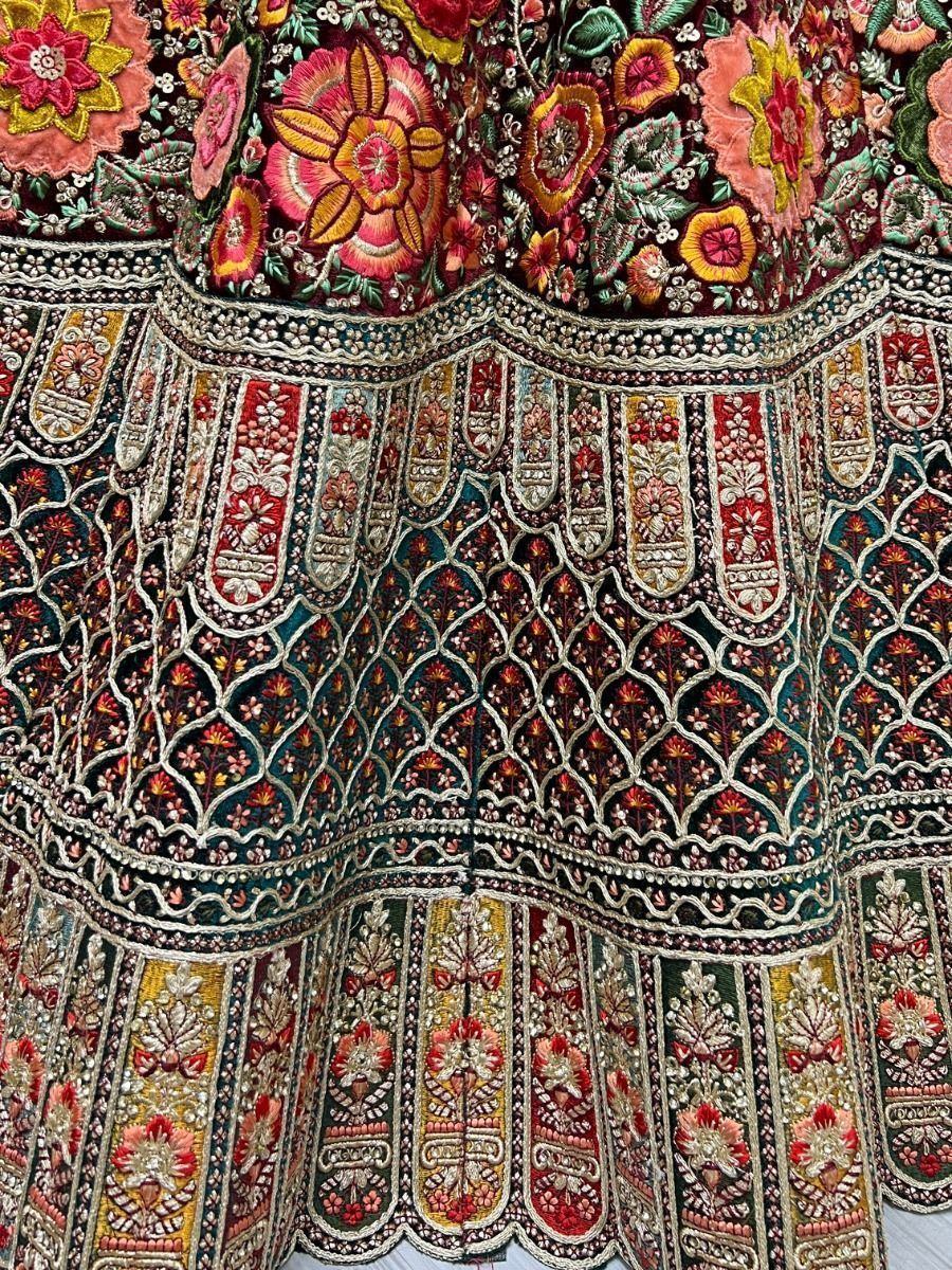 Glorious Maroon Embroidered Velvet Bridal Lehenga Choli